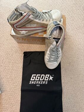 Golden Goose Slide High-Top Sneakers in Beige and Silver